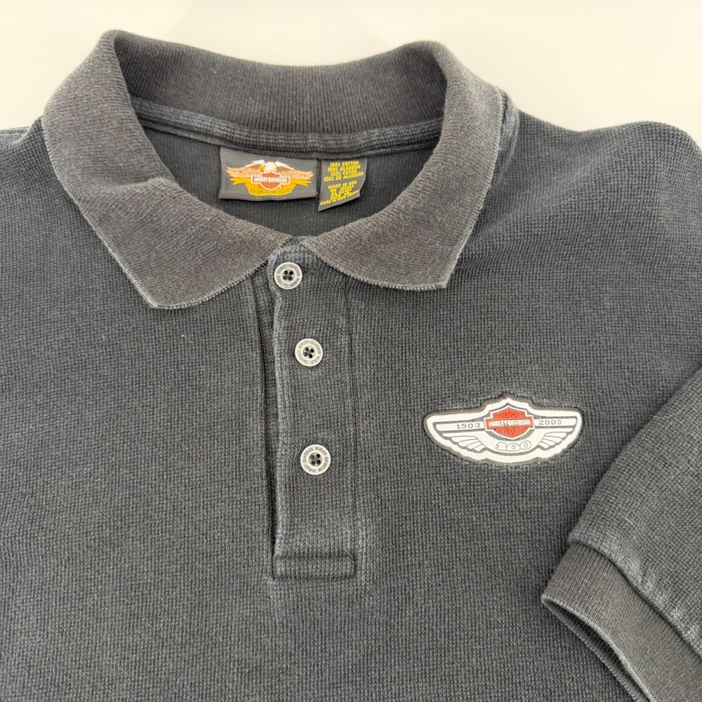 Harley Davidson Polo Shirt Men's XL Black 100th Anniversary Waffle Knit USA 2003